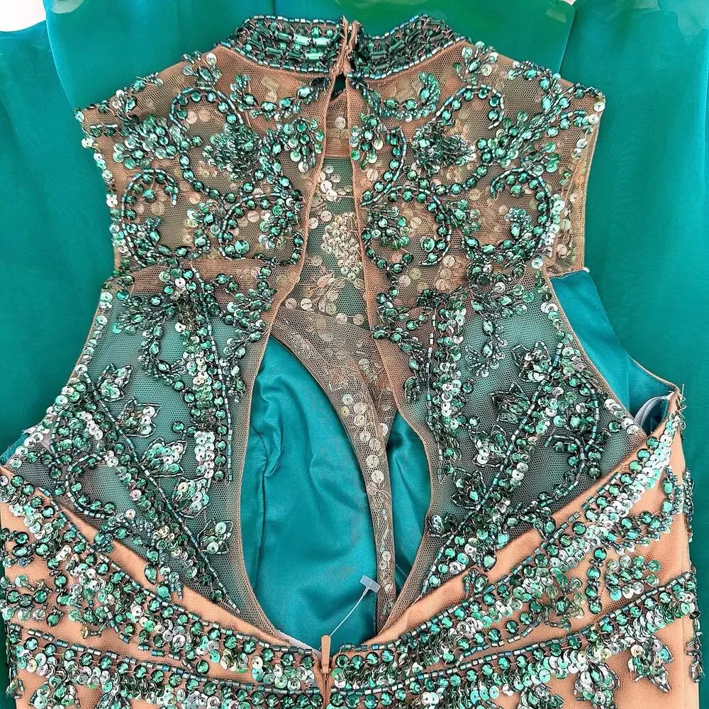 Sherri Hill Beaded Cocktail Dress Mermaid Green Fit & Flare Sz 2 Y2K VTG Prom